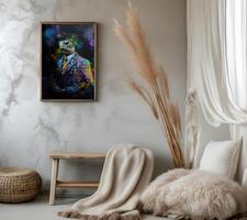 AI generated Design a chic and stylish room image. Decorated with beautiful picture frames and paintings. photo