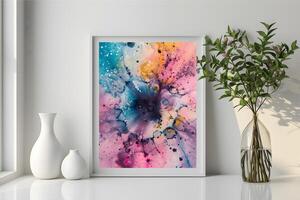 AI generated The room decorated in a minimalist style with picture frames and paintings is breathtaking. photo