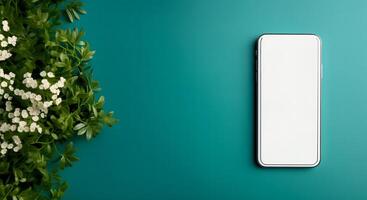 AI generated Trendy light green workspace background with smartphone white empty screen, top view, flat lay photo