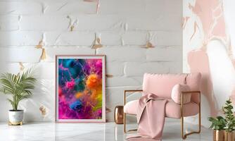 AI generated Design a chic and stylish room image. Decorated with beautiful picture frames and paintings. photo