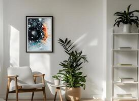 AI generated The room decorated in a minimalist style with picture frames and paintings is breathtaking. photo