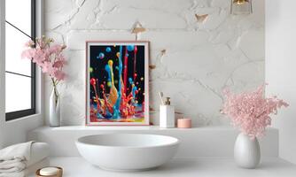 AI generated luxurious bathroom decoration Modern design with elegant frames and stunning  paintings. photo