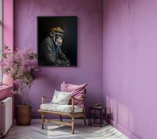 AI generated Design a chic and stylish room image. Decorated with beautiful picture frames and paintings. photo