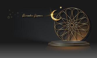 Luxury Islamic Podium with gold crescent moon, traditional islamic round frame. 3D Horizontal Arabic Banner for product showcase, Product presentation, cosmetic, base, ramadan sales, black background vector