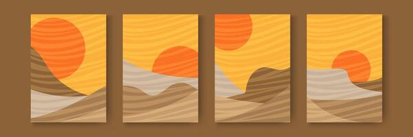 Set card of abstract landscape. Desert wild nature landscapes silhouette template. Vertical banners sand texture with pattern wavy lines. Dunes at sunset backgrounds vector