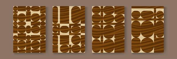 Minimalist trendy abstract print set card. Brown modern geometric shapes pattern, contemporary print. Vector fashionable templates for design on vintage beige stripes background