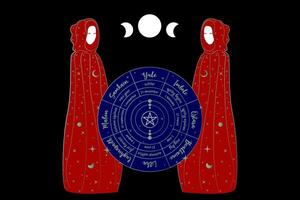 Mystical triple goddess, priestesses in wheel of the Year is an annual cycle of seasonal festivals. Wiccan calendar and holidays. Gothic Witch wiccan female sacred design. Vector isolated on black