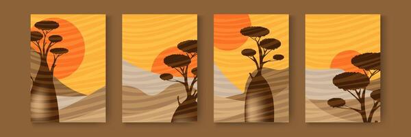 conjunto tarjeta de boab arboles y resumen paisaje. baobab en Desierto salvaje naturaleza paisajes silueta modelo. vertical pancartas arena textura con modelo ondulado líneas. dunas a puesta de sol antecedentes vector