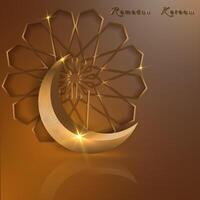 Ramadán kareem bandera, 3d oro creciente luna, fiesta saludo tradicional islámico. Arábica diseño para producto escaparate, presentación, cosmético, base, Ramadán ventas, Copiar espacio en beige antecedentes vector