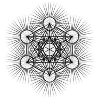 Metatron's Cube,  Flower of Life. Sacred geometry on radiant sun, graphic element Vector isolated Illustration. Mystic icon platonic solids, abstract geometric drawing, typical crop circles