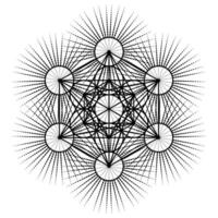 Metatron's Cube,  Flower of Life. Sacred geometry on radiant sun, graphic element Vector isolated Illustration. Mystic icon platonic solids, abstract geometric drawing, typical crop circles