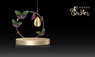 Easter banner for product demonstration, gold round pedestal or podium with colorful butterflies and golden Easter egg. 3d vector empty stage for commercial product display mockup on black background