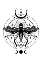 Mystical death head moth in dark black color. Cresent moon and wiccan triple goddess, butterfly with a skull. Sacred geometry. Alchemy, magic, esoteric, occult sign isolated on white background vector
