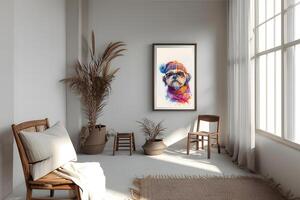 AI generated Design a chic and stylish room image. Decorated with beautiful picture frames and paintings. photo