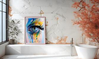 AI generated luxurious bathroom decoration Modern design with elegant frames and stunning  paintings. photo