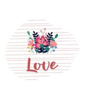 linda romántico ilustración con un ramo de flores de flores silvestres con el inscripción amor en un ligero rosado antecedentes en rayas. vector. para tarjetas, carteles, pancartas, huellas dactilares para de la madre día, San Valentín día vector