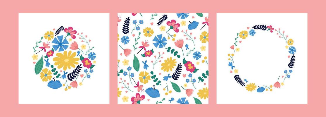 Set of 3 floral illustrations. Wildflower frame, seamless pattern, bright spring cards, decorations, for printing. Vector.