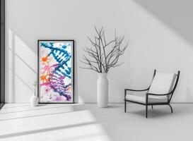 AI generated The room decorated in a minimalist style with picture frames and paintings is breathtaking. photo