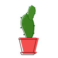 Green prickly cactus in red pot with offshoot. House plant with green prickles stands inside a house. Vector. vector