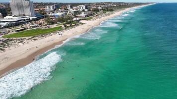 pool by the beach amphitheatre surfing scarborough beach perth aerial 4k video