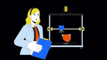 3d gedruckt Herz Replik Linie Karikatur Animation. Medizin Technologie Prototyp entwickeln 4k Video Bewegung Grafik. 3d Drucker medizinisch Bioingenieur 2d linear animiert Charakter isoliert auf transparent Hintergrund