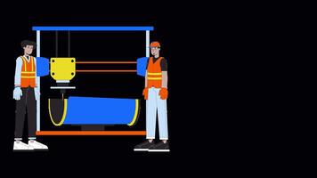 3d Drucken im Metall Rohr Herstellung Linie Karikatur Animation. Prototyp entwickeln 4k Video Bewegung Grafik. 3d Drucker Pipeline Hersteller 2d linear animiert Zeichen isoliert auf transparent Hintergrund