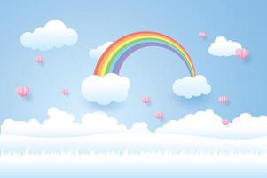 hermosa arco iris en el cielo, papel Arte estilo, vector ilustración.
