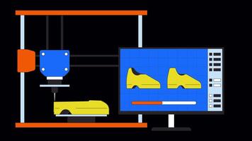 3d impressão calçados linha desenho animado animação. aditivo fabricação tênis. rápido prototipagem 4k vídeo movimento gráfico. sapatos modelagem 2d linear animado objeto isolado em transparente fundo video