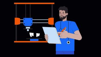 3d Drucken von Mensch Zahn Linie Karikatur Animation. biomimetisch stärkend Zahnheilkunde 4k Video Bewegung Grafik. Drucker Kieferorthopäde 2d linear animiert Charakter isoliert auf transparent Hintergrund