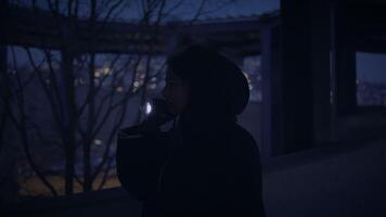 encapuzado destemido mulher caminhando dentro abandonado urbano Cidade às crepúsculo luz video