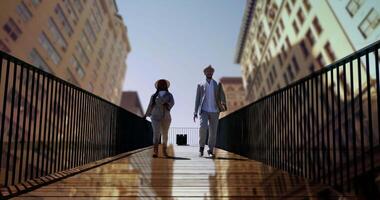 une homme et une femme en marchant ensemble en plein air sur pont route video