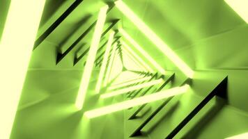 Looping endless 3D animation of triangle tunnel with green neon lights. 60fps video