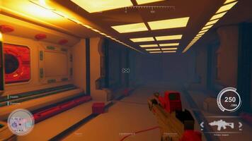 3D animation of first person shooter scene with HUD display in sci fi alien space video