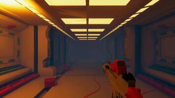 3D sci fi gaming animation mock up of first person shooter walking in dark alien space video