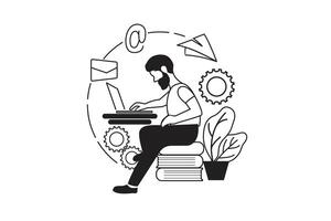 lineart illustration man work drom home digital service desainer vector