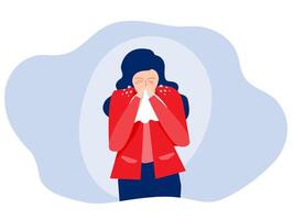 The sick woman has a runny nose, sneezing. Coughing sick girl. Virus, pneumonia, allergic reaction concept . Illustration in flat style vector