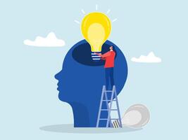 man putting light bulb ideas on head to upgrade working skill, abstract human head filled with light bulbs as ideas, creativity and idea concept vector