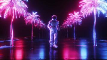 Astronaut Running Between Ultraviolet Glowing Palms video