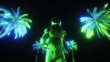 Astronaut Running Between Neon Palm Trees Background video