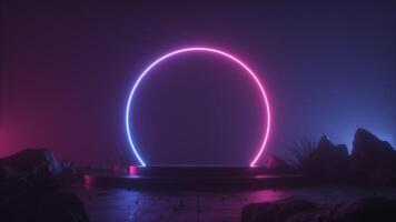 dimmig skede med neon lysande cirkel ram video