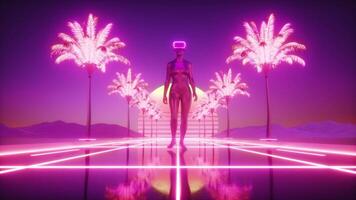 fêmea personagem caminhando entre néon brilhando Palma árvores synthwave fundo video