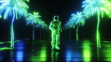 Astronaut Running Between Neon Palm Trees Backdrop video