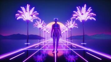 Female Character Walking Between Neon Glowing Palm Trees Loop video