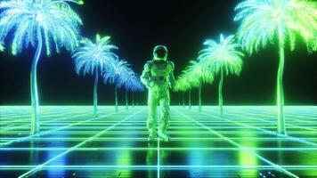 Astronaut Running Between Neon Palm Trees Backdrop Looped video