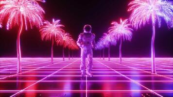 Astronaut Running Between Glowing Palms video