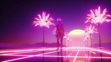 fêmea personagem caminhando entre néon brilhando Palma árvores synthwave fundo ciclo video