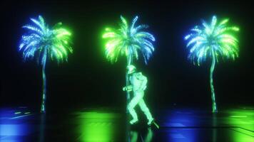 Futuristic Background of Running Astronaut and Side Scrolling Neon Glowing Palm Trees video