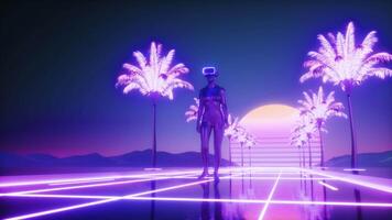 vrouw karakter wandelen tussen neon gloeiend palm bomen lusvormige synthwave achtergrond video