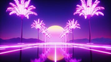 futuristische synthwave palmen en weg achtergrond lus video