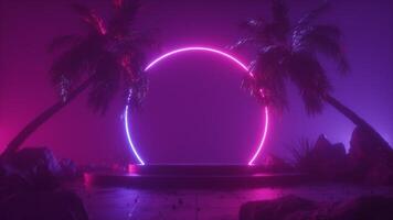 Neon Glowing Circle Frame on Stage and Palm Trees Background video